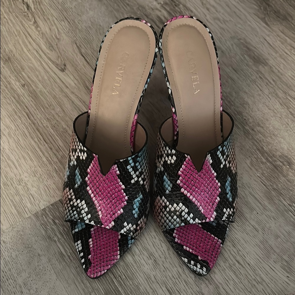 Carvela Pink and Black Snakeskin Mules